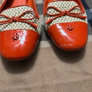 Tory Burch Orange and Cream Flats with Bow Accent